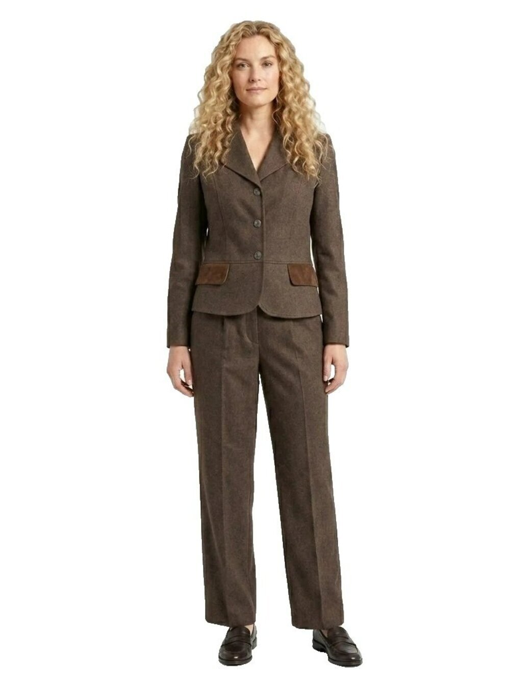 Sag Harbor Pant Suit Size 14 Brown Herringbone Faux Suede Collar Pocket Flaps